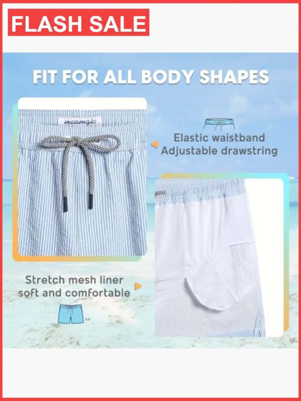 Men's Seersucker Swim Trunks Quick Dry with Mesh Liner 5.5